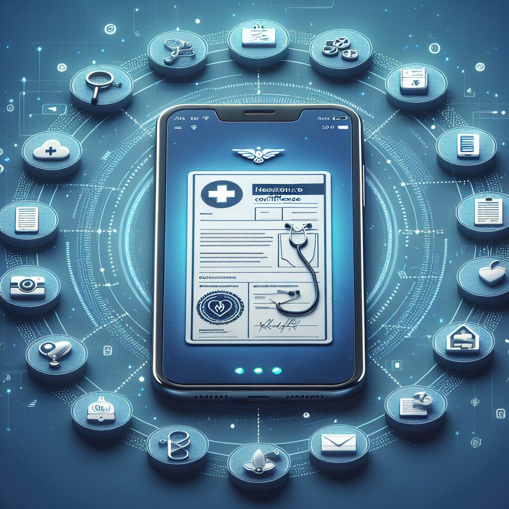A digital illustration showing a smartphone screen displaying a health insurance certificate, surrounded by icons of healthcare and administrative tasks. The design should be modern and informative, representing digital and accessible health services.