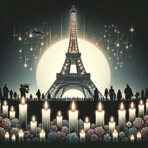 A poignant illustration of the Eiffel Tower at night, framed by illuminated candles and flowers, symbolizing remembrance. In the background, a faint silhouette of people gathered in silent mourning, capturing a sense of unity and resilience.