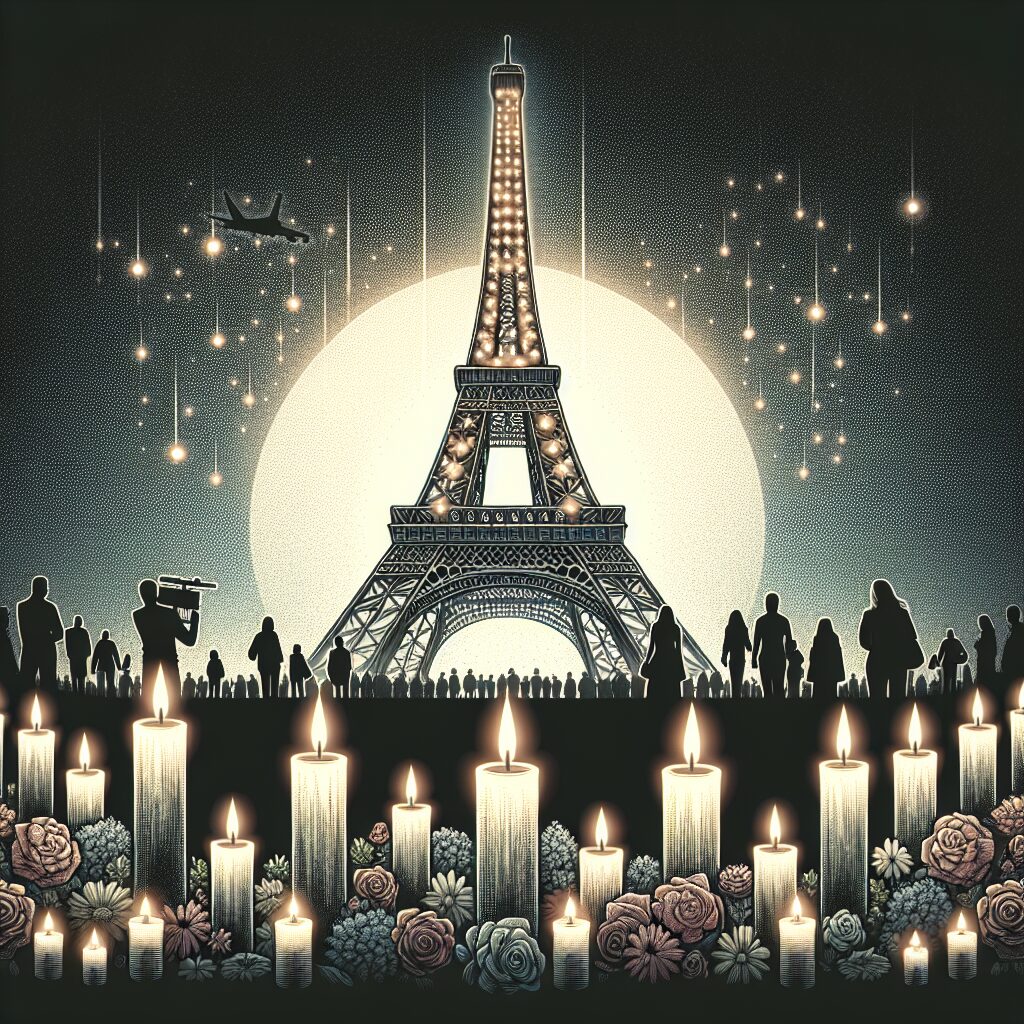 A poignant illustration of the Eiffel Tower at night, framed by illuminated candles and flowers, symbolizing remembrance. In the background, a faint silhouette of people gathered in silent mourning, capturing a sense of unity and resilience.