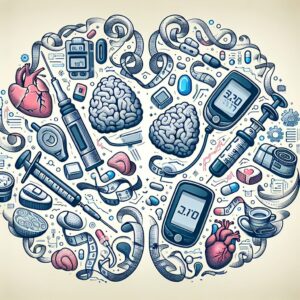 An illustration depicting World Diabetes Day, emphasizing mental health. The image should include symbolic representations of diabetes management, such as insulin syringes and blood glucose meters, alongside elements symbolizing mental health, like a brain and a heart, all interconnected.