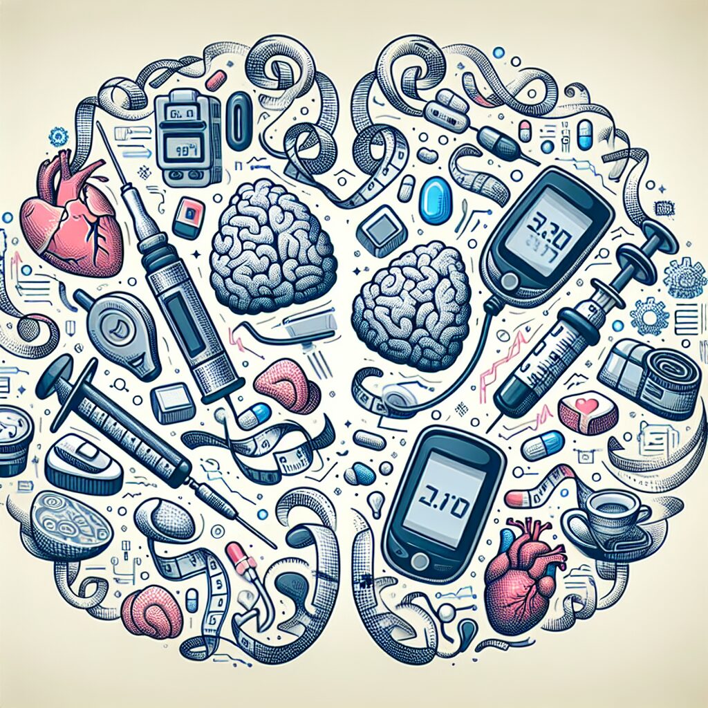 An illustration depicting World Diabetes Day, emphasizing mental health. The image should include symbolic representations of diabetes management, such as insulin syringes and blood glucose meters, alongside elements symbolizing mental health, like a brain and a heart, all interconnected.