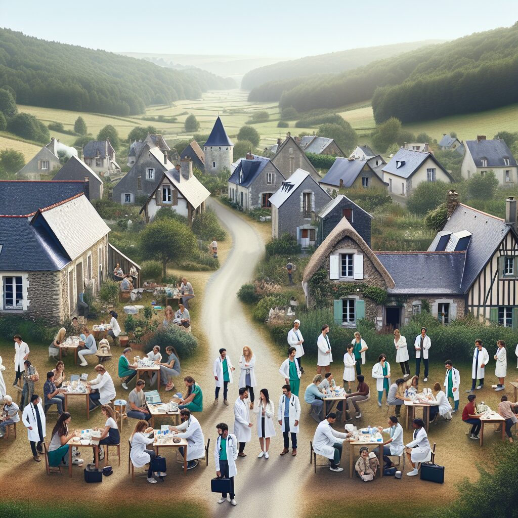 A rural French village with a scenic landscape, a group of young doctors engaged in community activities, surrounded by picturesque greenery and local architecture, conveying a sense of community and healthcare development.