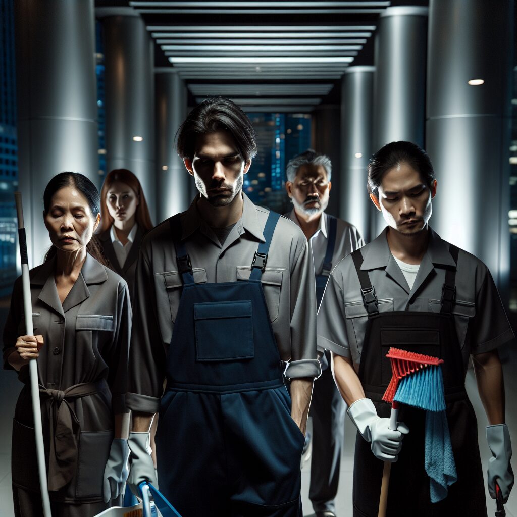 A group of janitorial workers in uniform, carrying cleaning equipment, in a dimly lit hallway. They look weary, highlighting the themes of exhaustion and isolation. Background includes office and building interiors to signify a corporate setting. Emphasis on shadows and lighting to convey a somber mood.