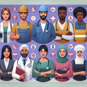 Un groupe de travailleurs de différents secteurs d'activité, illustrant la diversité des professions, avec des symboles médicaux en arrière-plan pour représenter la santé au travail. Atmosphère éducative et préventive.