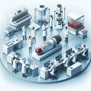 Image médicale montrant une analyse sanguine dans un laboratoire moderne, symbolisant la lutte contre la tuberculose, avec des chercheurs en blouses blanches travaillant avec des équipements scientifiques.