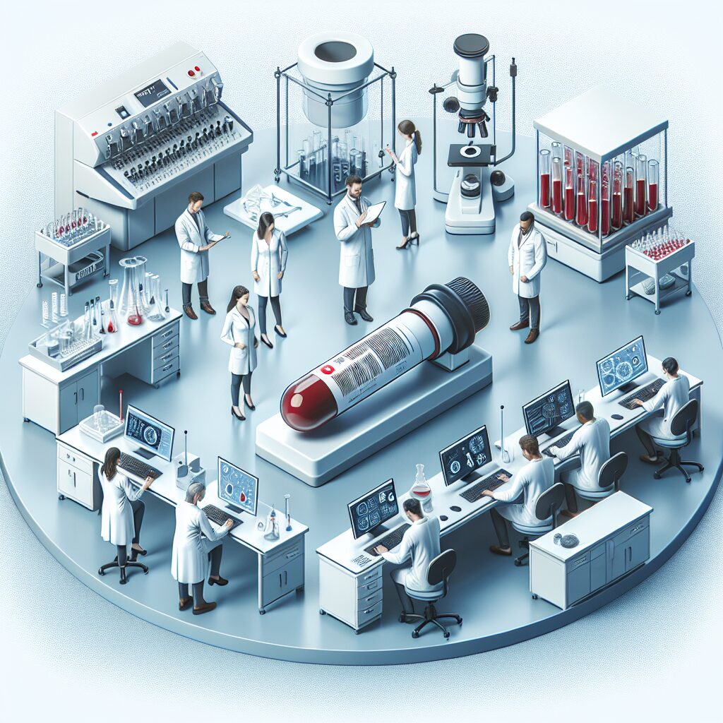 Image médicale montrant une analyse sanguine dans un laboratoire moderne, symbolisant la lutte contre la tuberculose, avec des chercheurs en blouses blanches travaillant avec des équipements scientifiques.