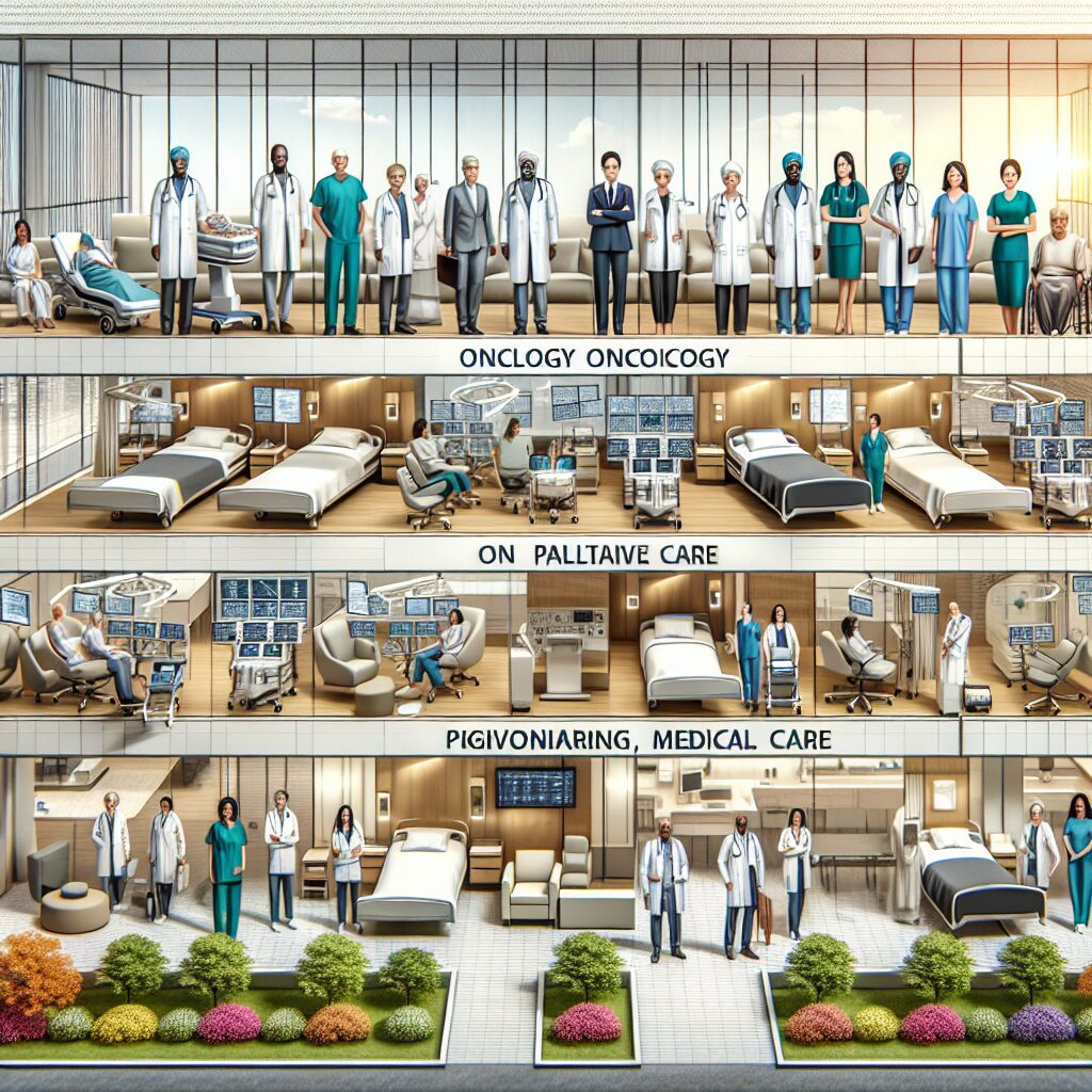 Image of a modern hospital building with a focus on oncology and palliative care, featuring healthcare professionals interacting compassionately with patients. Include elements like medical equipment and a peaceful environment to reflect high standards of care.