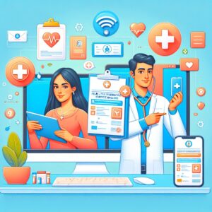 A digital illustration showing a patient successfully obtaining a health insurance certificate online through a computer and a smartphone, with icons representing health, online access, and digital documents.