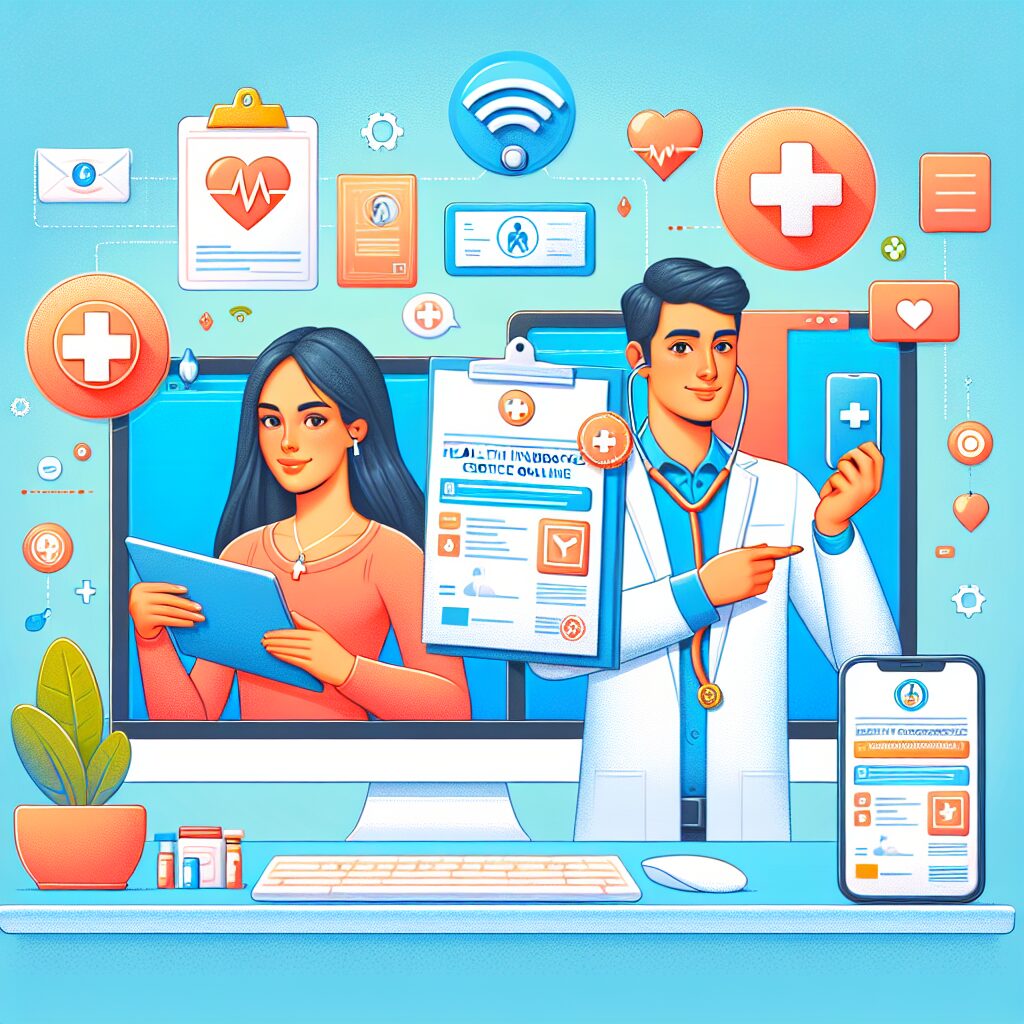 A digital illustration showing a patient successfully obtaining a health insurance certificate online through a computer and a smartphone, with icons representing health, online access, and digital documents.