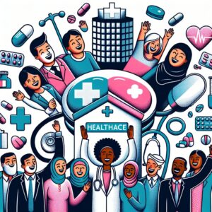An informative and engaging illustration showing a diverse group of people happily accessing healthcare benefits, with symbols representing medical services such as doctor consultations, pharmacy, and hospitalization, emphasizing the theme of solidarity in healthcare.
