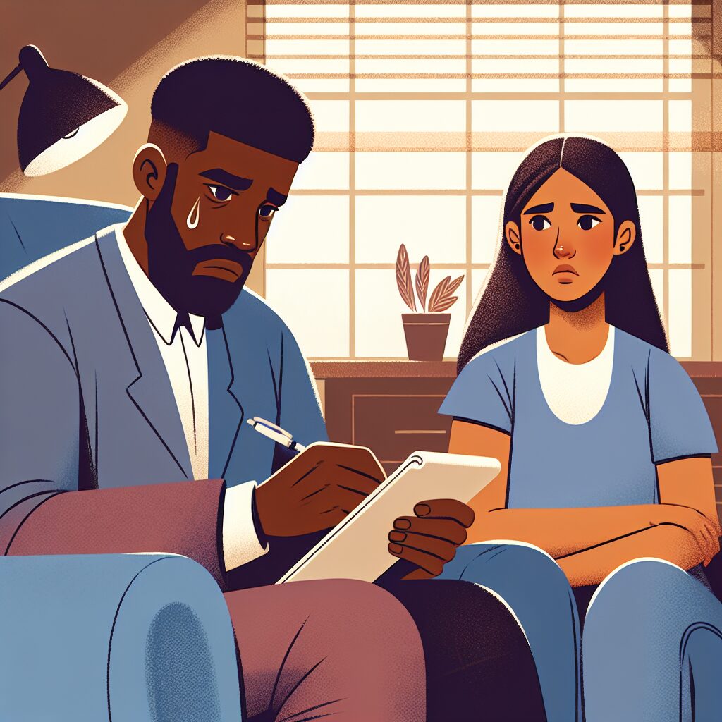 Image of a concerned psychologist taking notes during a therapy session with a young adult woman, representing mental health awareness. The setting is a warm, welcoming office with soft lighting and comfortable seating, conveying a sense of support and understanding.