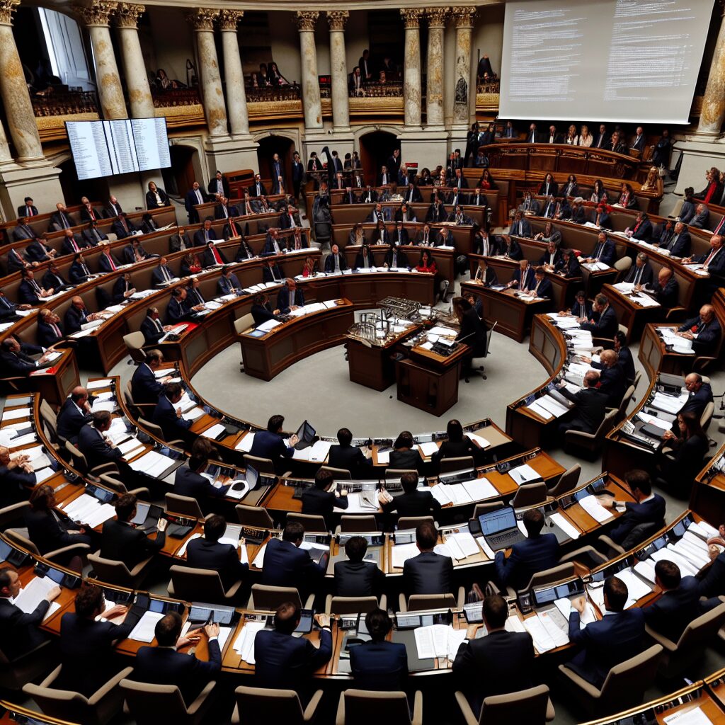 Un hémicycle de l'Assemblée nationale française en pleine session de débats, avec des députés discutant animés, des documents de loi sur les bureaux, l'ambiance sérieuse et chargée de la salle en arrière-plan.