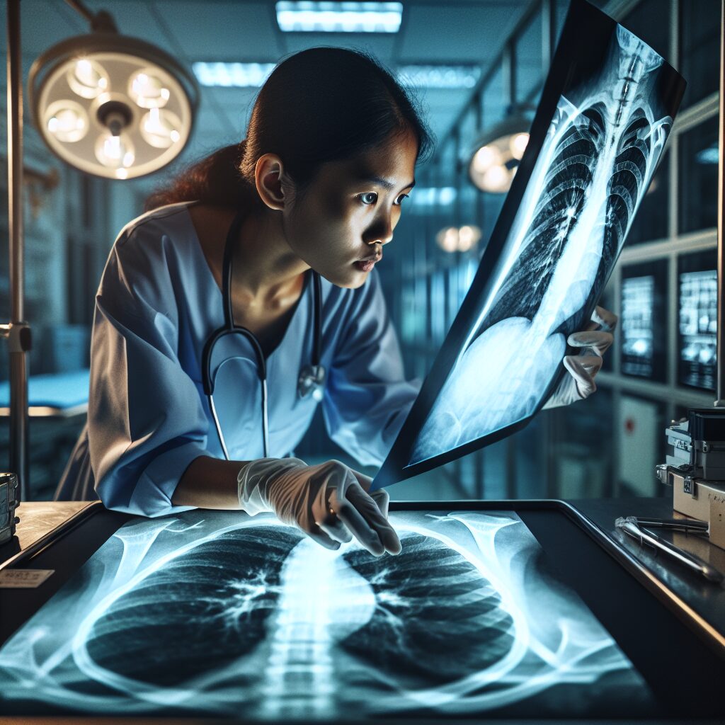 An image showing a healthcare professional examining a chest X-ray in a medical facility, with a focus on the fight against tuberculosis, illustrating the global impact and ongoing battle with the disease. The atmosphere should convey the seriousness and urgency associated with treating infectious diseases.