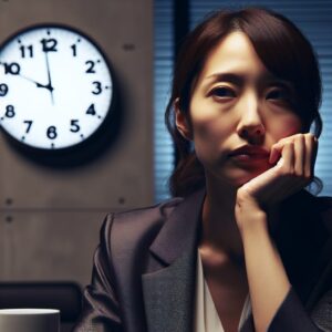Image d'une femme d'affaires japonaise, air pensif, visage fatigué, bureau moderne, horloge murale indiquant 3h du matin, lumière tamisée