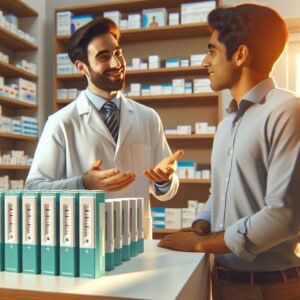 Une pharmacie moderne avec des tests médicaux rapides disponibles, un pharmacien souriant expliquant le processus à un patient, ambiance chaleureuse et professionnelle, couleurs apaisantes.