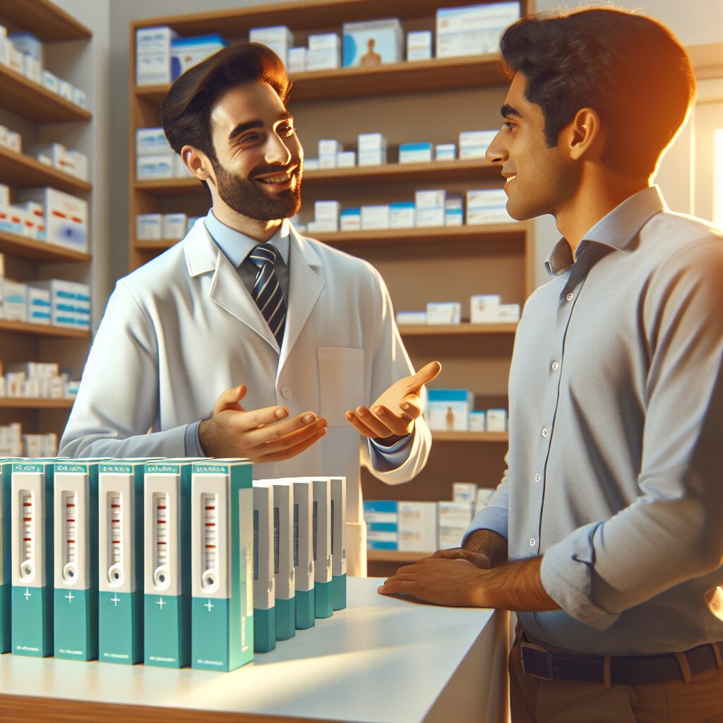 Une pharmacie moderne avec des tests médicaux rapides disponibles, un pharmacien souriant expliquant le processus à un patient, ambiance chaleureuse et professionnelle, couleurs apaisantes.