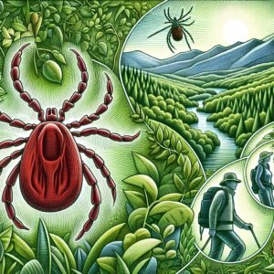 A detailed illustration of a tick in a forest setting, emphasizing its role in transmitting tick-borne encephalitis. Show a diverse landscape with lush greenery, and depict a subtle human presence engaging in outdoor activities like hiking. Include visual elements indicating prevention, such as a person wearing protective clothing.