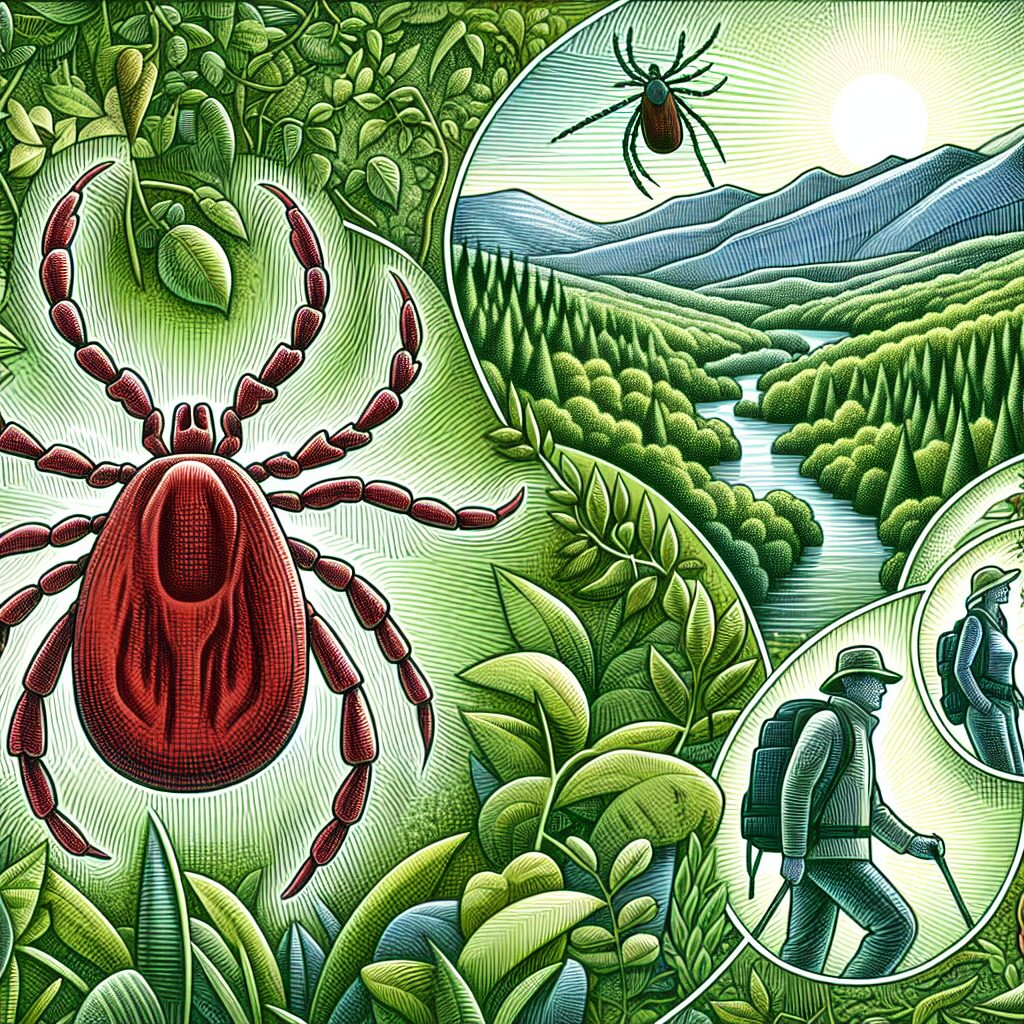 A detailed illustration of a tick in a forest setting, emphasizing its role in transmitting tick-borne encephalitis. Show a diverse landscape with lush greenery, and depict a subtle human presence engaging in outdoor activities like hiking. Include visual elements indicating prevention, such as a person wearing protective clothing.