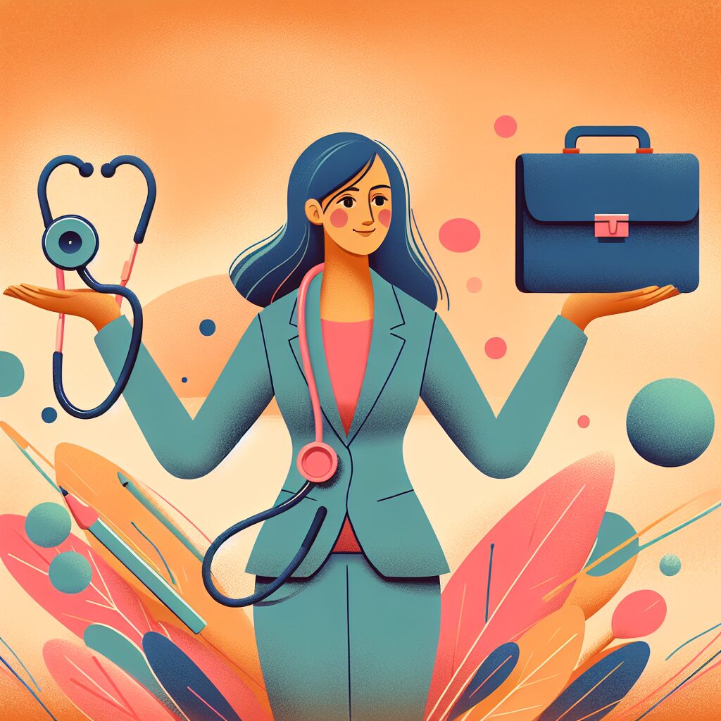 An illustration showing a self-employed worker juggling health and business responsibilities, like balancing a stethoscope and a briefcase. The image should depict a supportive and encouraging atmosphere, symbolizing the assistance offered by health insurance services.