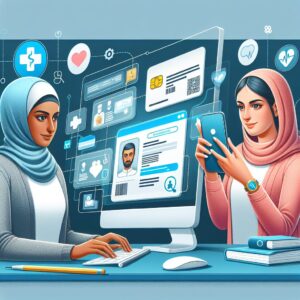 A digital illustration showing a person using a computer and a smartphone to access the Ameli account, with visible elements like a card, digital document, and medical symbols. The setting is modern and user-friendly, emphasizing easy access to digital health services.