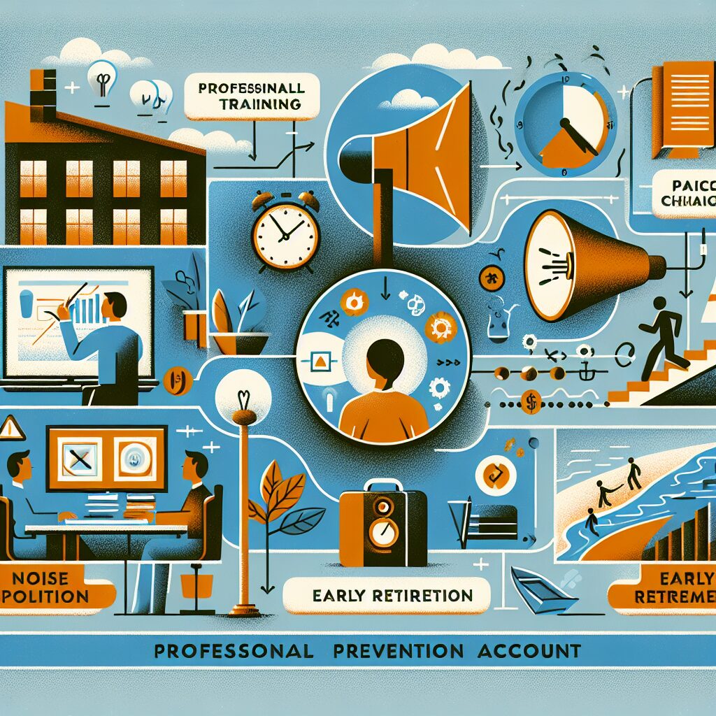 An informative and engaging illustration showcasing the concept of "Compte professionnel de prévention" with visual representations of workplace risks like night work, noise, and repetitive tasks, alongside symbols for professional training, career change, part-time work, and early retirement.