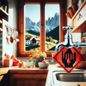 A picture of a water tap in a cozy kitchen, with a red warning symbol overlay, indicating a water contamination alert in a small village setting, mountains in the background.