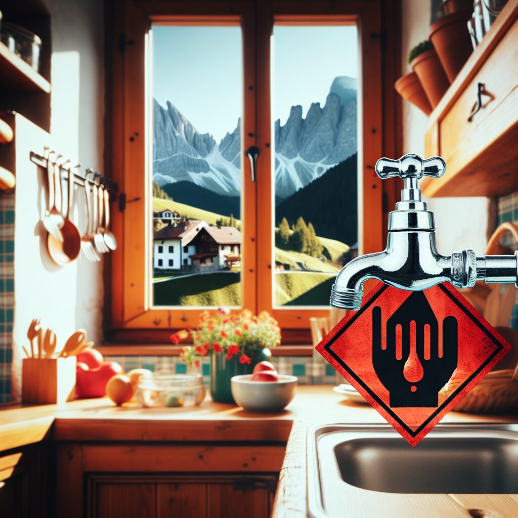 A picture of a water tap in a cozy kitchen, with a red warning symbol overlay, indicating a water contamination alert in a small village setting, mountains in the background.