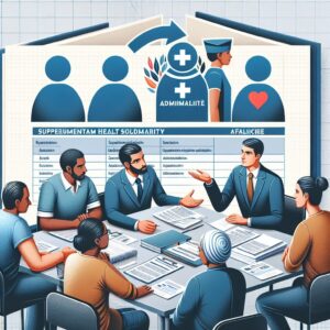 Image représentant la Complémentaire Santé Solidaire en France, montrant des personnes discutant avec un conseiller autour d'une table remplie de documents administratifs, avec un graphique illustrant l'inégalité d'accès social, style réaliste et informatif.