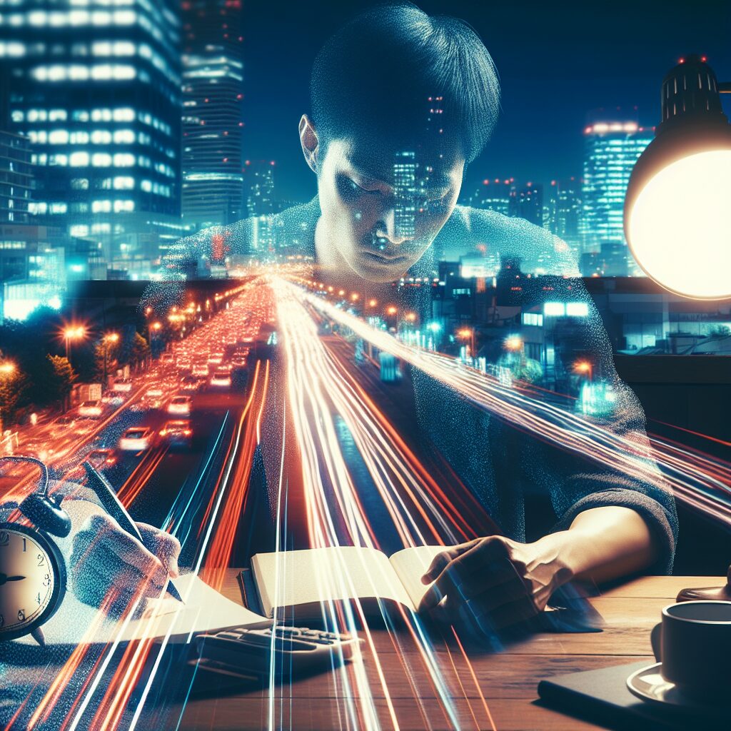 A busy Japanese cityscape at night with blurred movement representing the hustle. In the foreground, a figure, slightly transparent, sits at a desk with a dim light, symbolizing sleeplessness and overwork, while a clock shows late-night hours. This should convey a sense of exhaustion and the rush of modern urban life, highlighting the theme of extreme sleep deprivation.
