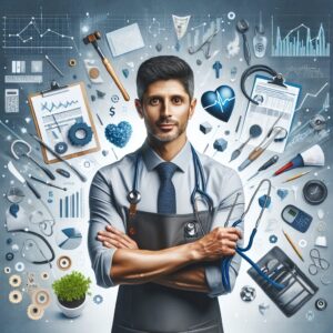 Un travailleur indépendant moderne, entouré d'éléments symbolisant la santé et le business, tels que des outils de travail, des graphiques financiers et des stéthoscopes, dans un style professionnel et optimiste.