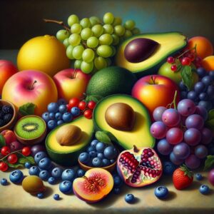 A vibrant assortment of beautifying fruits including lemon, avocado, berries, apricot, tomato, apple, blueberry, grape, fig, and pomegranate, artistically arranged to highlight their rich colors and textures, symbolizing health and skincare benefits.