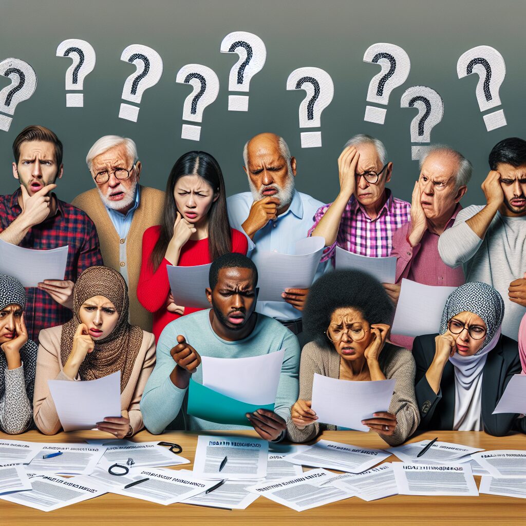 A diverse group of people confused while sitting at a table with health insurance papers scattered, representing the complexity of understanding health rights in France.