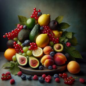 A vibrant and colorful still life of various fruits including lemons, avocados, red berries, apricots, and figs, artistically arranged in a natural setting, highlighting their freshness and health benefits for skin, with a soft natural light enhancing their colors and textures.