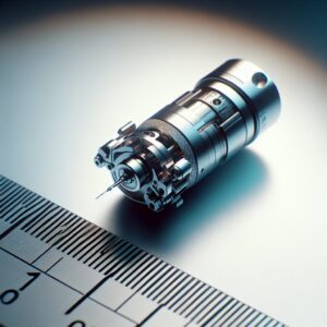 A close-up image of a small, high-tech micromotor on a light background with a ruler showing its approximately 1 mm by 10 mm size, with a futuristic, clean and medical aesthetic.