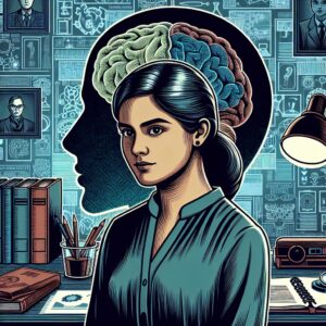 An intricate, detailed illustration of a psychologist surrounded by mystery books and case files, depicting a detective-like environment with a silhouette of a brain in the background, symbolizing mental exploration and analysis.