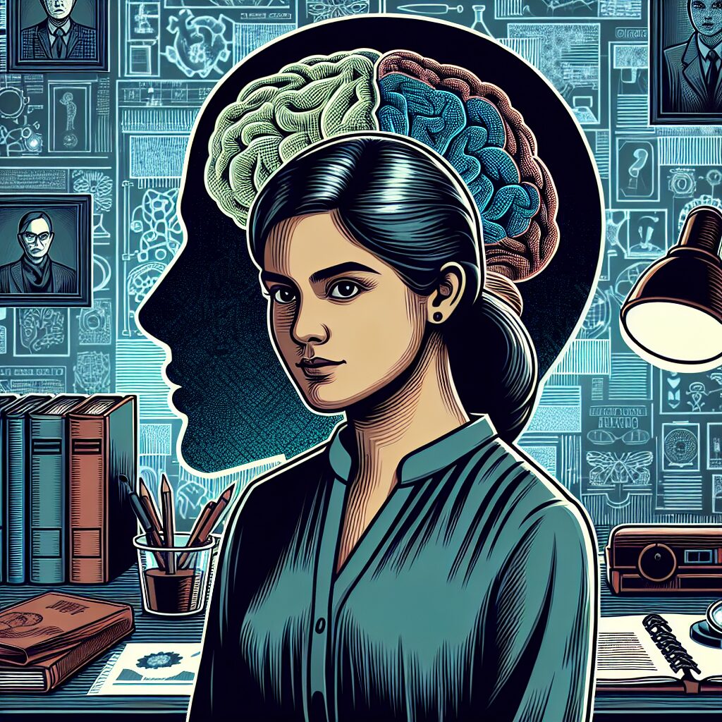 An intricate, detailed illustration of a psychologist surrounded by mystery books and case files, depicting a detective-like environment with a silhouette of a brain in the background, symbolizing mental exploration and analysis.