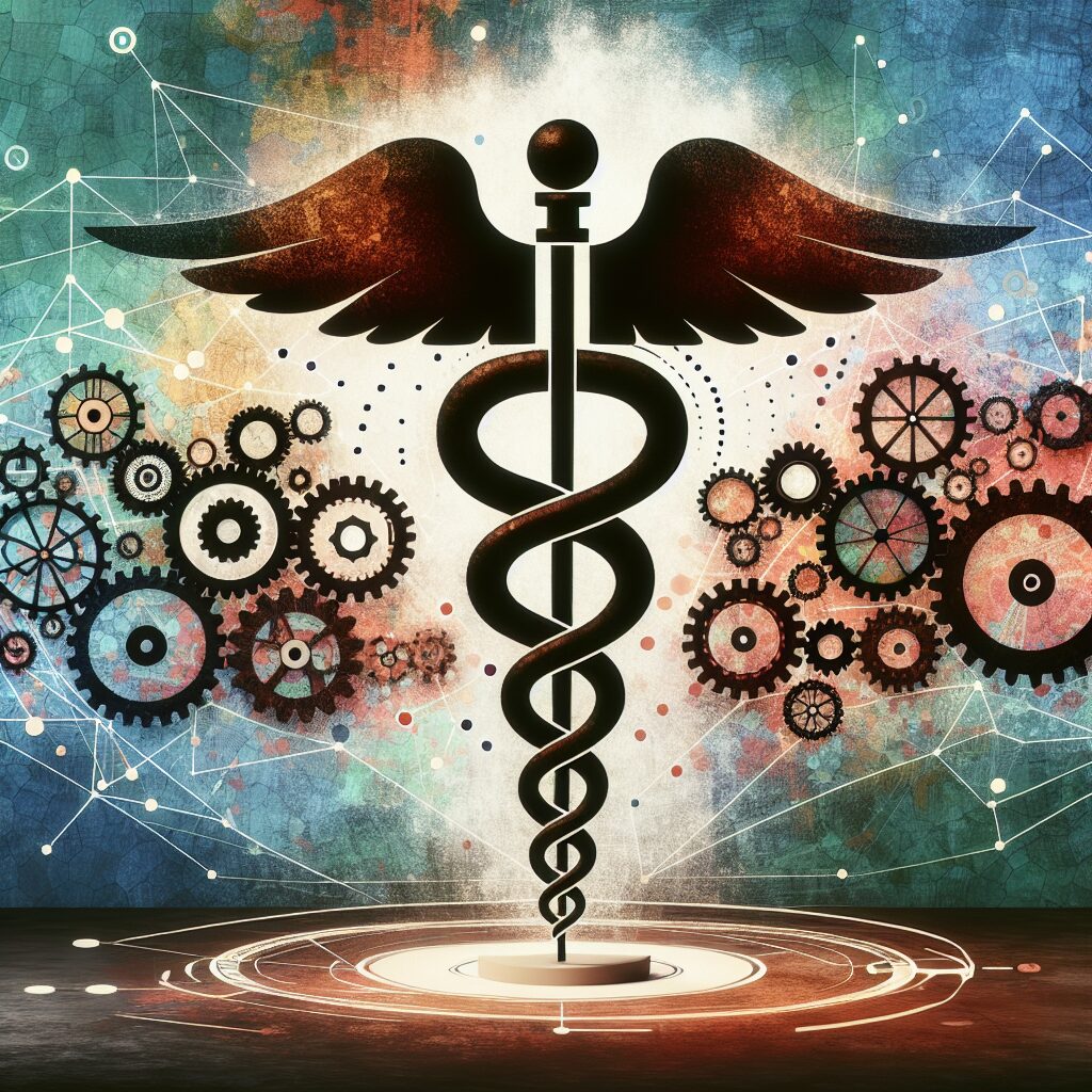 A symbolic image of transformation, depicting interconnected gears and a medical symbol, representing the systematic change in the healthcare sector, with an abstract background symbolizing modernization and innovation.