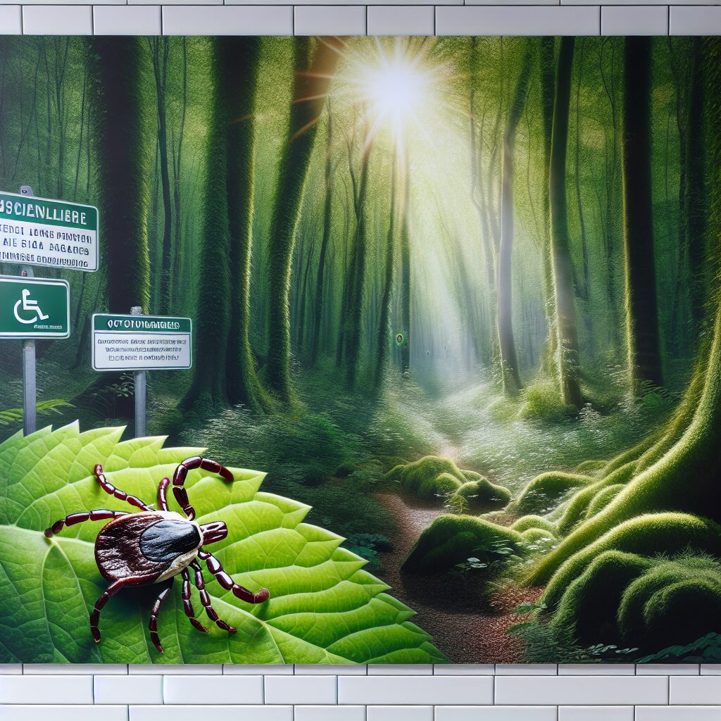 A forest landscape with a focus on a tick perched on a leaf, emphasizing the theme of disease surveillance and outdoor protection against ticks in France.
