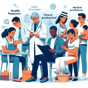 An image depicting a diverse group of freelancers working in different professions, such as artisans, merchants, and liberal professionals, all engaged in activities promoting health and business protection: visiting a doctor, checking health insurance documents, discussing with a business mentor, and family support, all set in a dynamic, busy working environment.