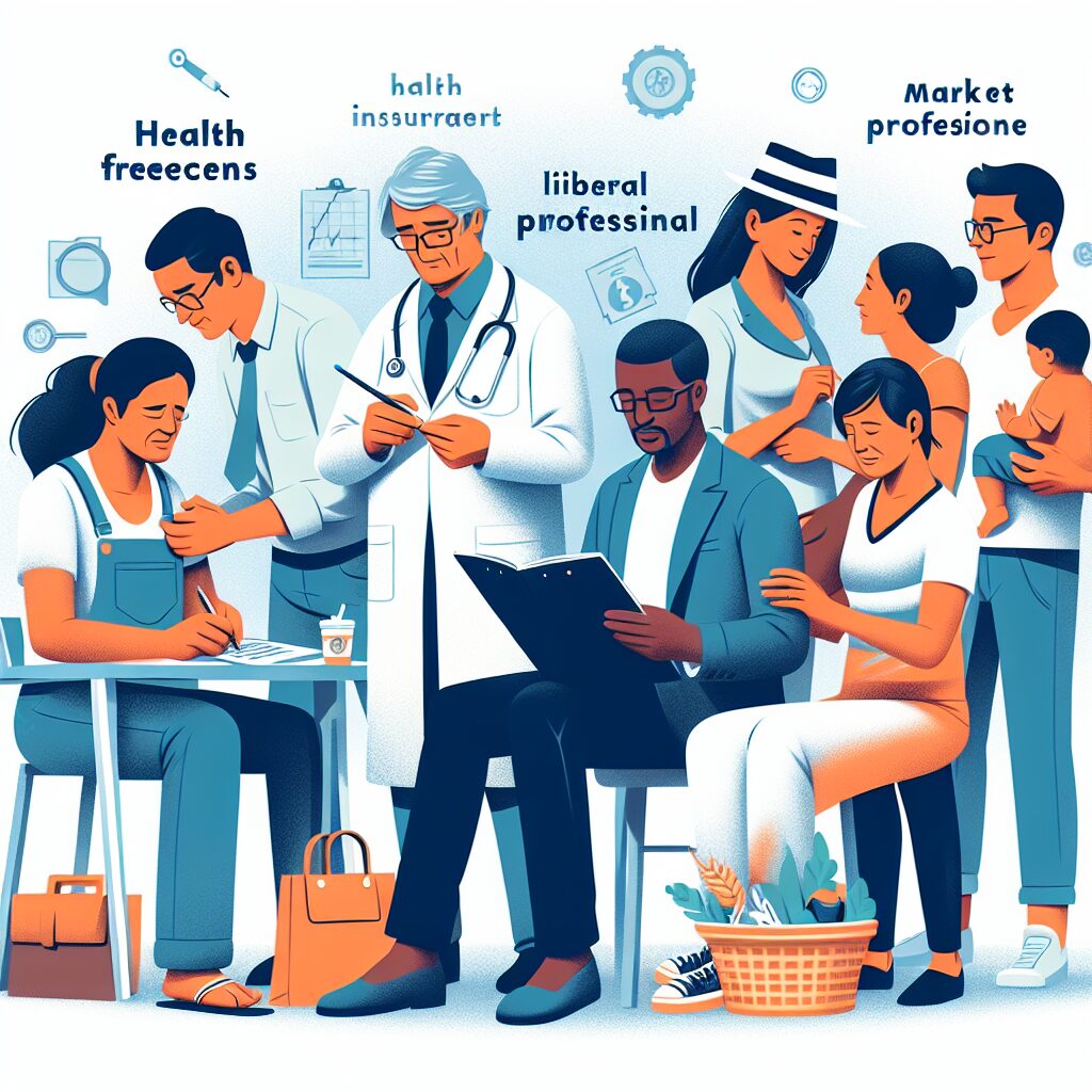 An image depicting a diverse group of freelancers working in different professions, such as artisans, merchants, and liberal professionals, all engaged in activities promoting health and business protection: visiting a doctor, checking health insurance documents, discussing with a business mentor, and family support, all set in a dynamic, busy working environment.