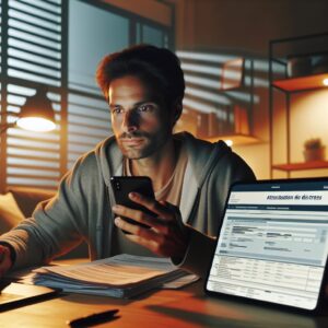French citizen sitting at a home office desk, looking at their laptop and smartphone screen with a digital version of the "attestation de droits" from Assurance Maladie open, modern style, warm lighting, focused and attentive expression, paperwork and pen on the side.