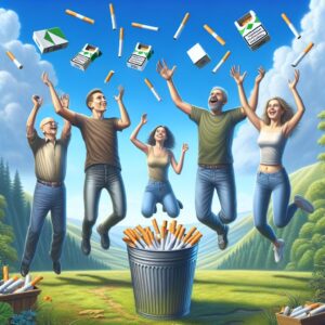 Une scène montrant plusieurs personnes d'âges et de sexes différents célébrant ensemble en pleine nature, jetant symboliquement des paquets de cigarettes dans une poubelle, avec un ciel bleu en arrière-plan pour symboliser la liberté et le renouveau.