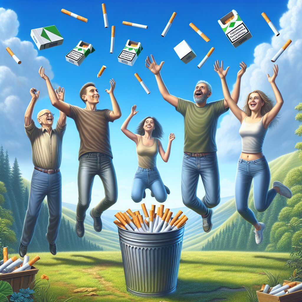 Une scène montrant plusieurs personnes d'âges et de sexes différents célébrant ensemble en pleine nature, jetant symboliquement des paquets de cigarettes dans une poubelle, avec un ciel bleu en arrière-plan pour symboliser la liberté et le renouveau.
