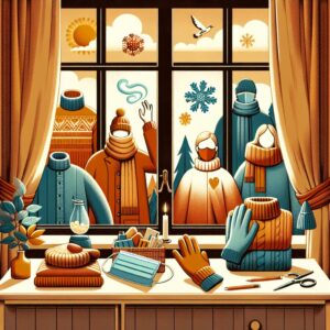 A cozy winter scene indoors, showing open windows with fresh air flowing in and people in warm clothes washing hands, a subtle image of a mask nearby, symbolizing health measures against winter viruses.