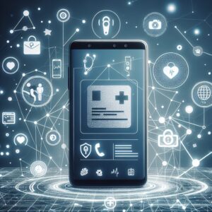 A smartphone displaying a digital version of the Carte Vitale, set in a modern, minimalistic style. The background features abstract representations of digital networks and medical icons to symbolize health and technology integration.