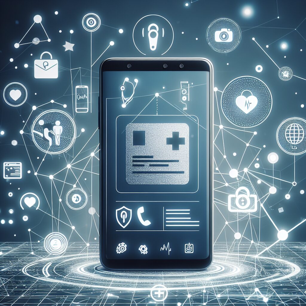 A smartphone displaying a digital version of the Carte Vitale, set in a modern, minimalistic style. The background features abstract representations of digital networks and medical icons to symbolize health and technology integration.