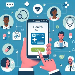 Une illustration montrant un smartphone affichant l'application de la carte Vitale numérique, avec des éléments de technologie et santé, et des assurés découvrant l'appli.