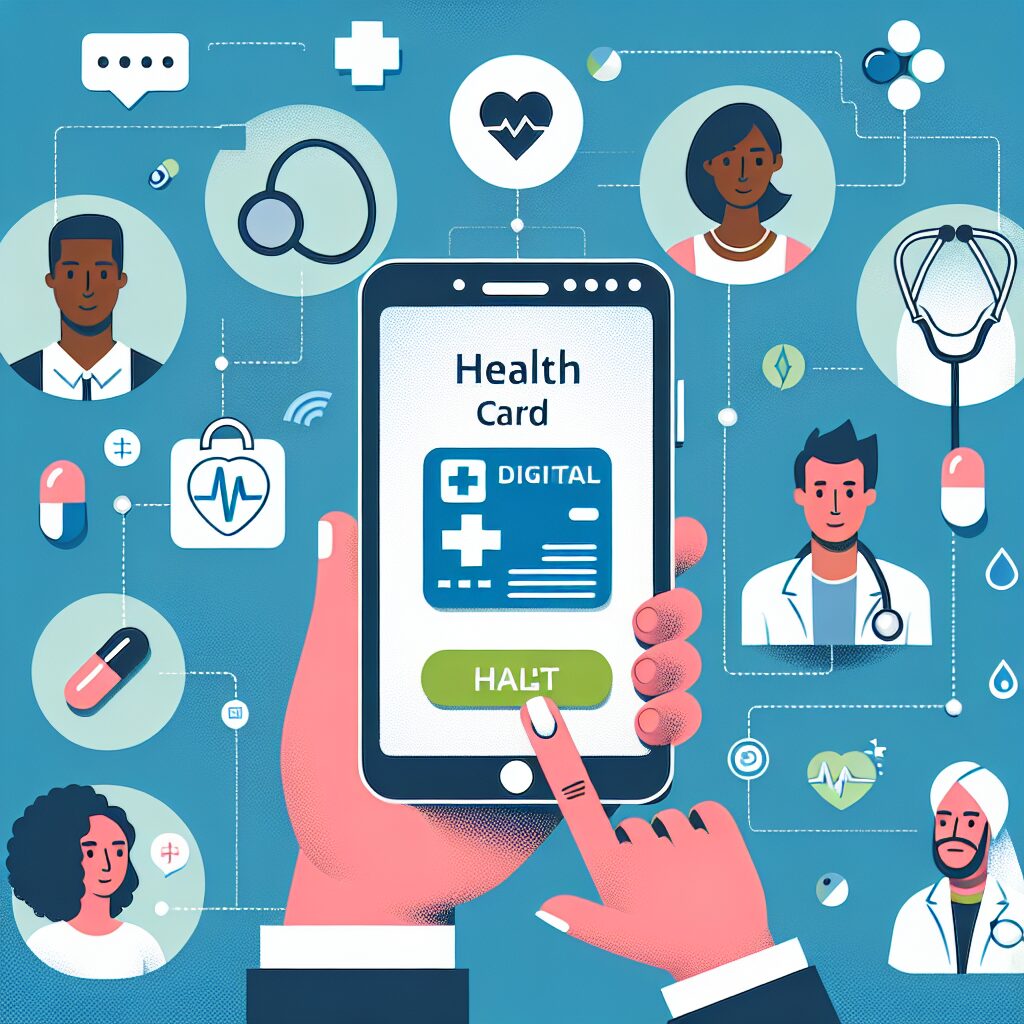 Une illustration montrant un smartphone affichant l'application de la carte Vitale numérique, avec des éléments de technologie et santé, et des assurés découvrant l'appli.
