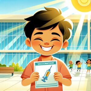 Illustration d'un enfant souriant avec un carnet de vaccination à la main, devant une école moderne, en arrière-plan des élèves jouant joyeusement, tons vifs et ensoleillés, style vectoriel.
