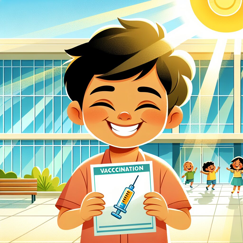 Illustration d'un enfant souriant avec un carnet de vaccination à la main, devant une école moderne, en arrière-plan des élèves jouant joyeusement, tons vifs et ensoleillés, style vectoriel.